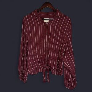 American Eagle AE AEO Burgundy Red White Striped Button Down Front Tie Blouse